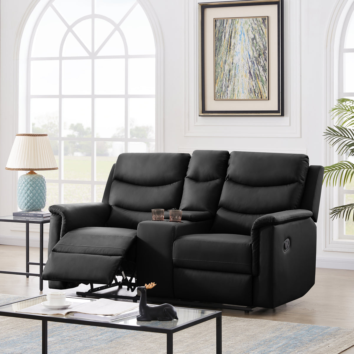 Black PU 2-Seater Recliner Sofa, Easy Assembly, Comfortable Reclining Chair W223P149016-djyc