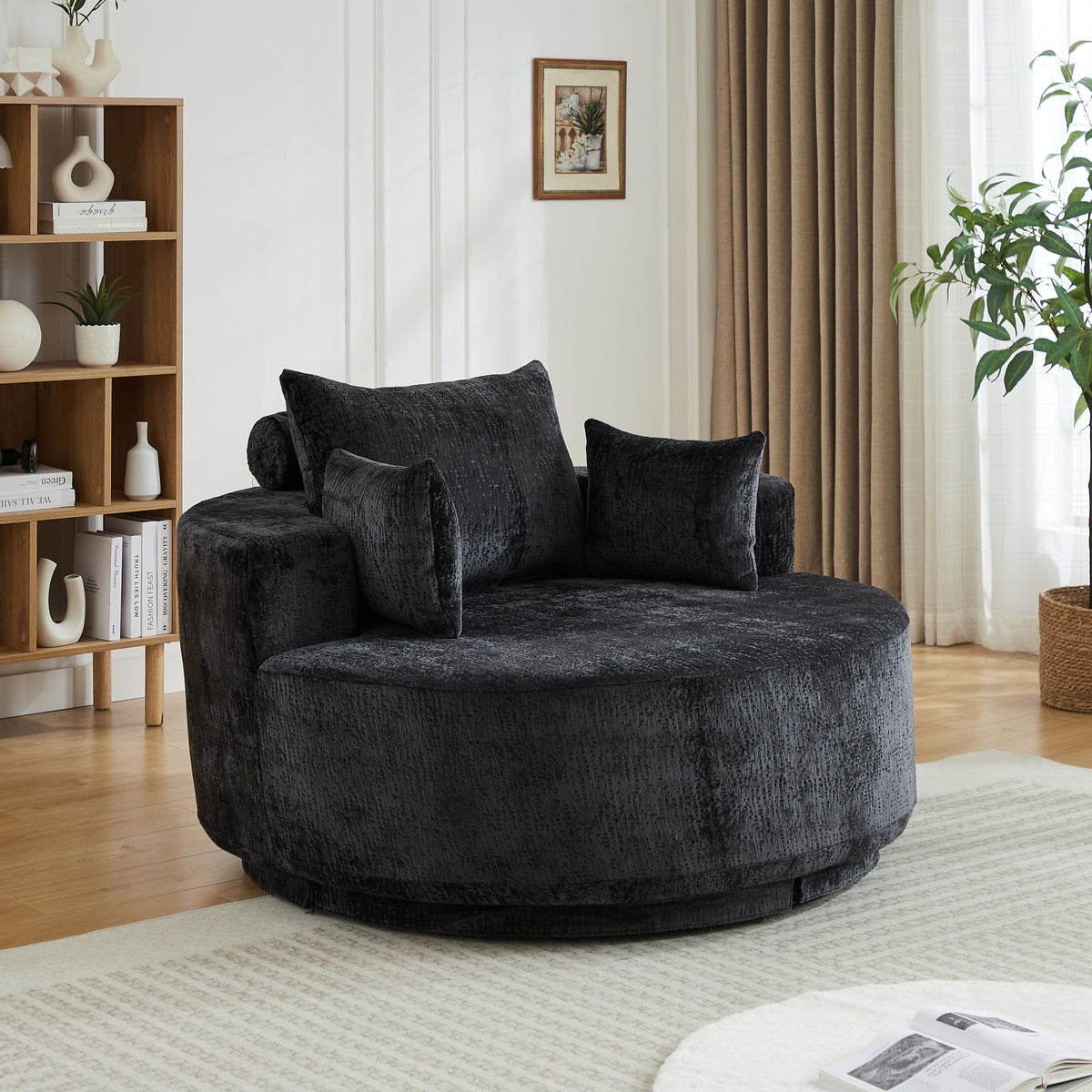 55''L Chenille Foam Single Swivel Chair, Fluffy Modern Sleeper, 360 Degree Swivel Chair for Living Room, Bedroom, Lounge and Projection Room-W834S00642
