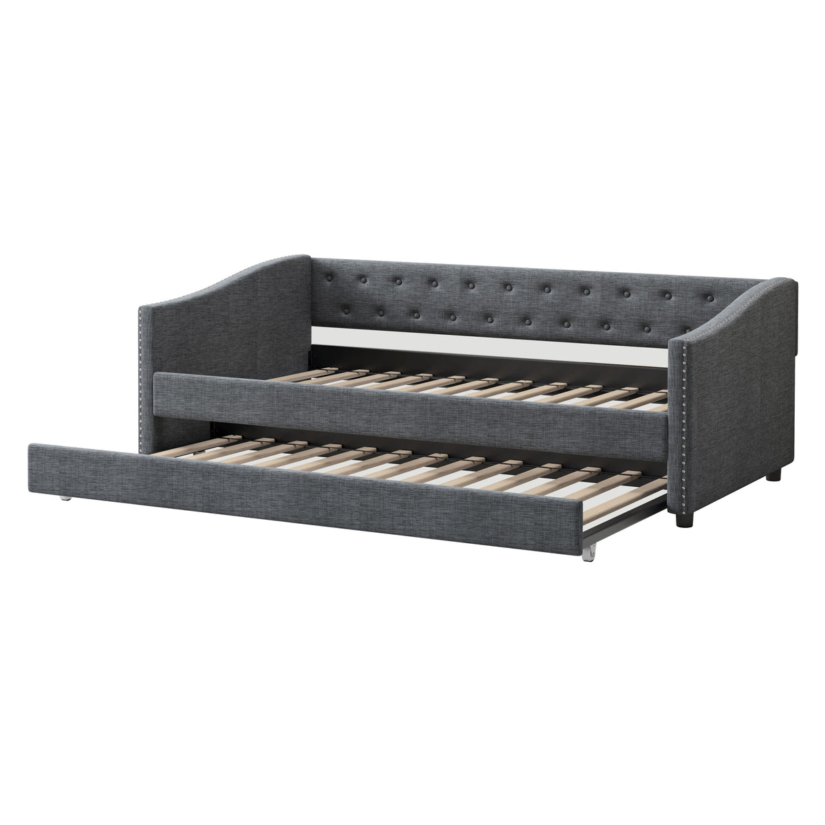 Twin Size Daybed with Twin Size Trundle Upholstered Tufted Sofa Bed, with Button on Back and Copper Nail on Waved Shape Arms-Dark Grey W2336S00008-djyc