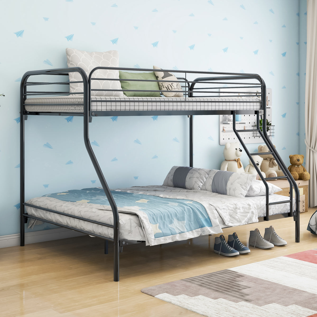 Heavy Duty Twin-Over-Full Metal Bunk Bed, Easy Assembly with Enhanced Upper-Level Guardrail, Black W840127266-djyc