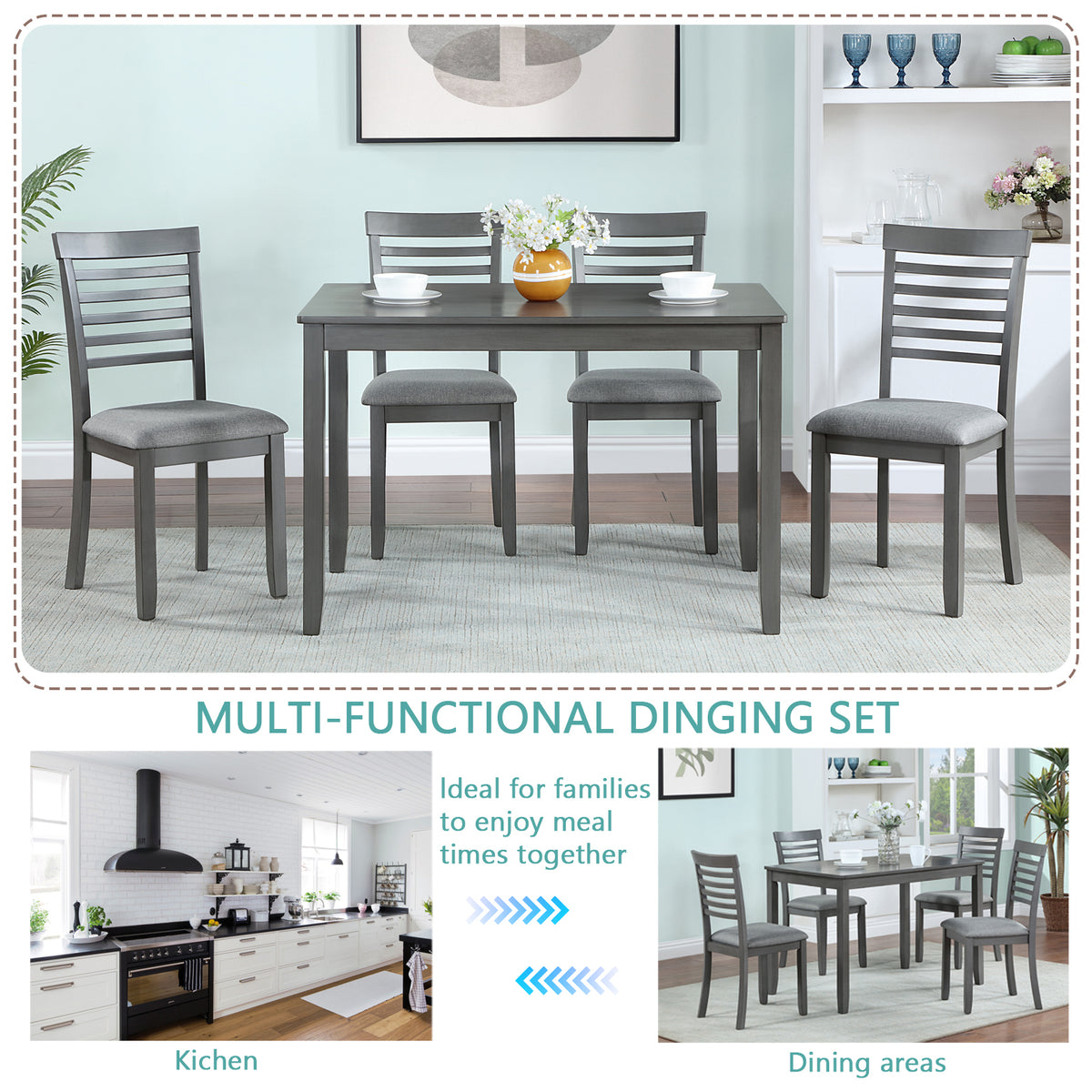 5 Piece Modern Dining Set, Rectangular Wooden Dining Table with 4 Upholstered Chairs for Kitchen, Dining Room, Gray W1998S00013-djyc