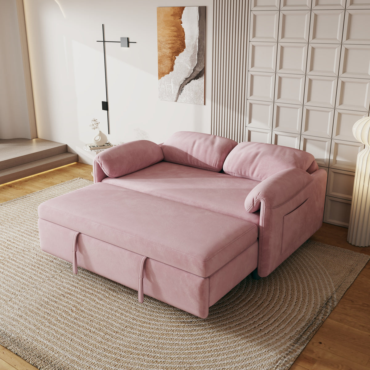 Sofa at the Forefront: 54-inch Velvet Pink Sofa Bed for Multi-purpose Living Spaces, Featuring a Retractable Bed W1278127956-djyc