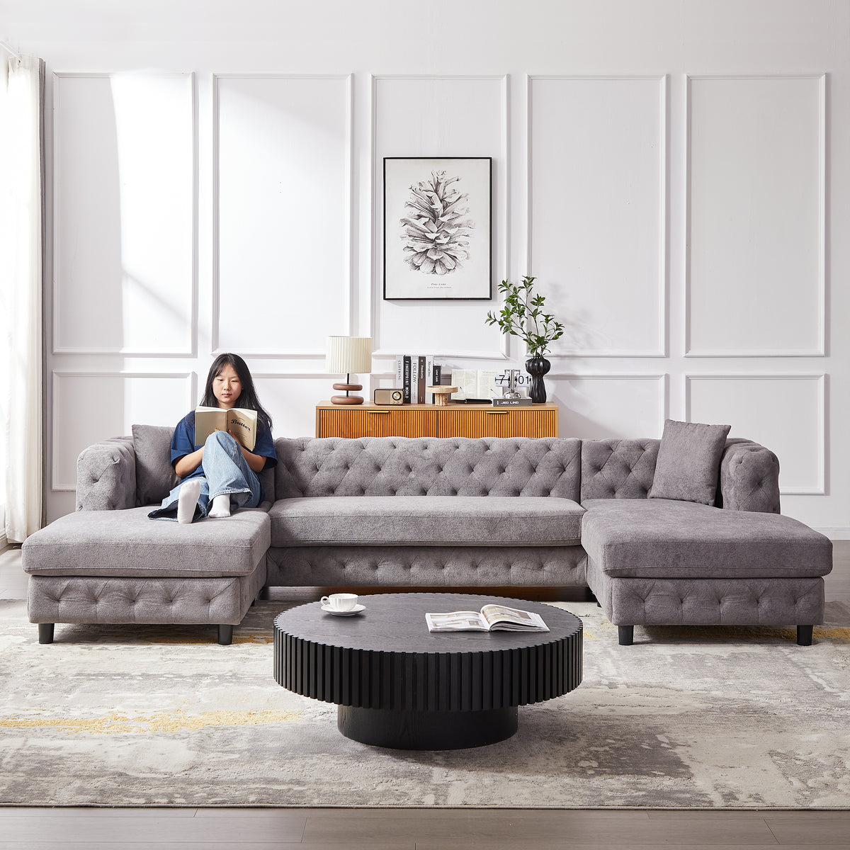 126-inch Modern Style Chenille Three Piece Sofa, Pull Point Design U-shaped Sofa two Chaise Longue Seats, two Pillows and Plastic Feet, Suitable for Living room, Bedroom, Lounge and Projection Room W834S00329-djyc