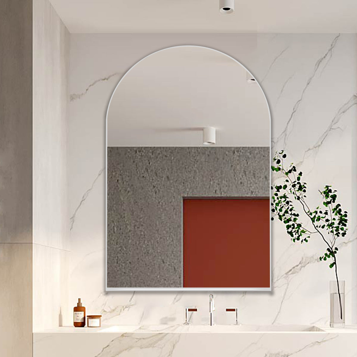 24x36 Inch Arched Recessed Medicine Cabinet, Metal Framed Bathroom Wall Cabinet with Mirror and Adjustable Shelves, Wall Mirror with Storage for Bathroom, White W1435P202407-djyc