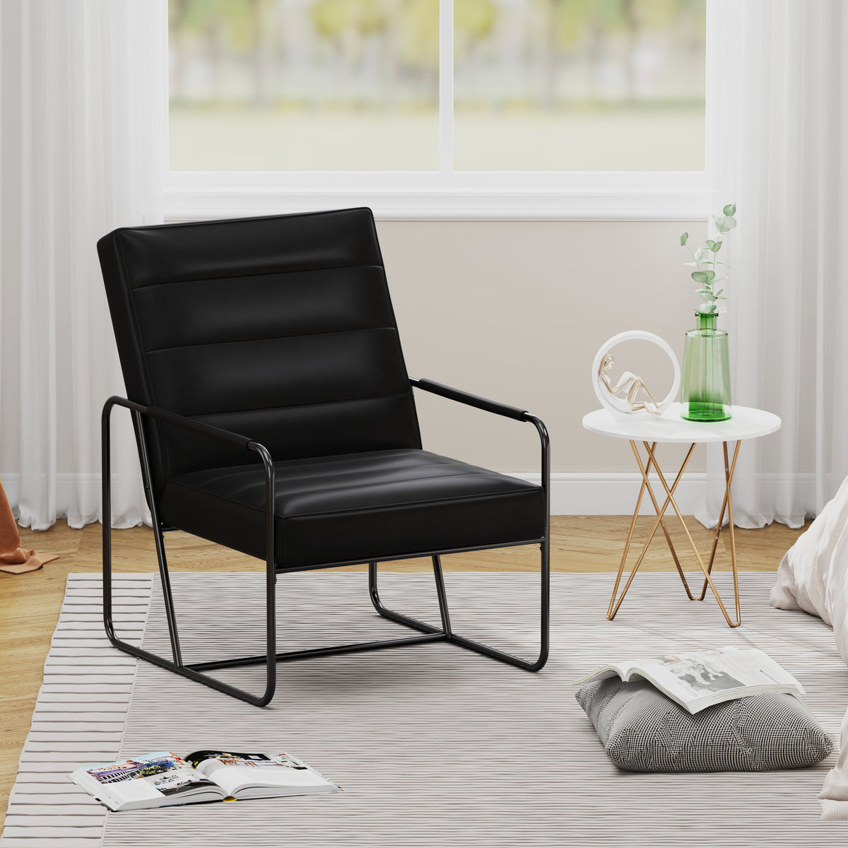Modern Metal Framed Armchair with Black Technical Leather, Stylish & Comfortable Indoor Lounge Accent Chair for Living Room, Office,Bedroom W1669P197980-djyc