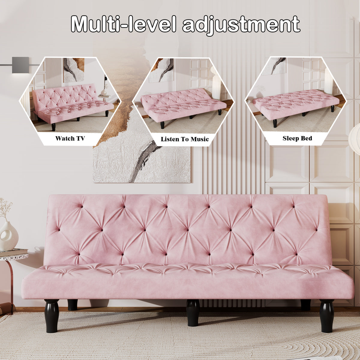 Sofa to Sofa Bed Transformation: 66" Pink Velvet Sofa Bed, Ideal for Family Living Rooms, Apartments & Bedrooms W127860393-djyc