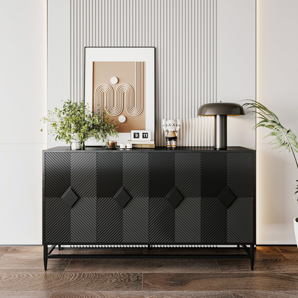 Accent Black Lacquered 4 Door Wooden Cabinet Sideboard Buffet Server Cabinet Storage Cabinet, for Living Room, Entryway, Hallway, Office, Kitchen and Dining Room W1435133315-djyc
