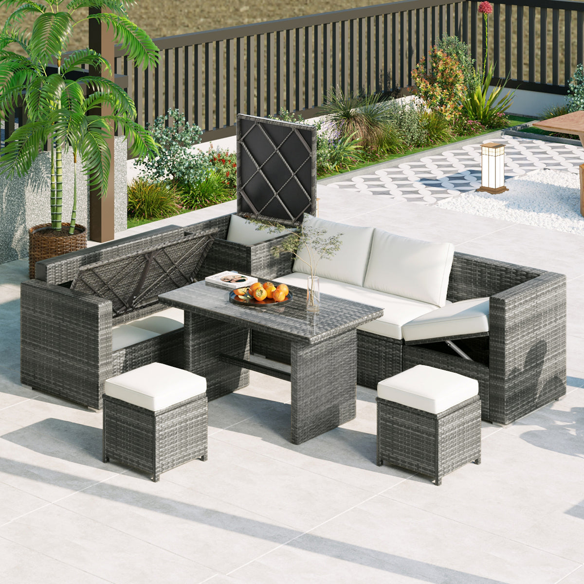 TOPMAX Outdoor 6-Piece All Weather PE Rattan Sofa Set, Garden Patio Wicker Sectional Furniture Set with Adjustable Seat, Storage Box, Removable Covers and Tempered Glass Top Table, Beige SP100005AAA-djyc