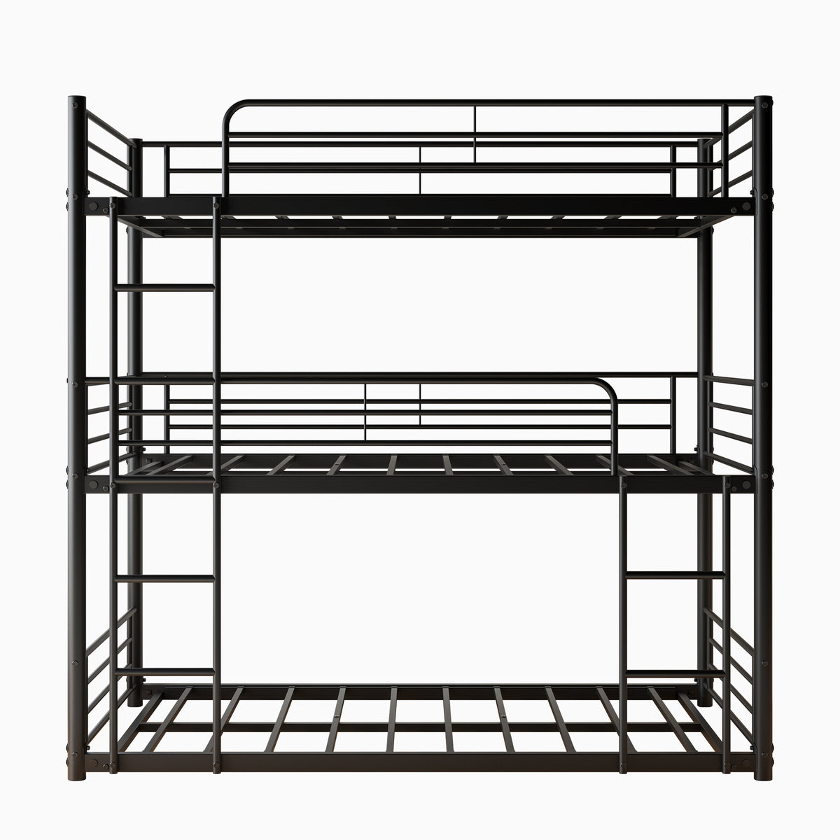 Triple Twin Bunk Beds, Twin Over Twin Over Twin Metal Bunk Bed Platform Frame, Two Attached Ladders, Easy Access Guard-Rail, No Box Spring Need (Black) W840P209935-djyc
