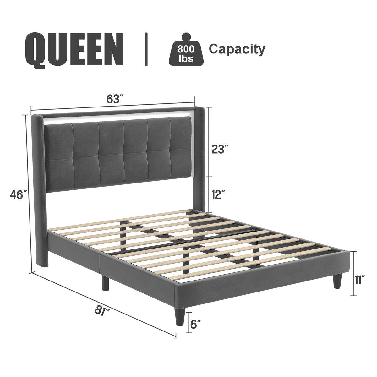 Queen Size Upholstered platform bed frame with headboard and sturdy wooden slats, high load-bearing capacity, non-slip and noiseless, no springs required, easy to assemble, dark gray bed W1793115326-djyc