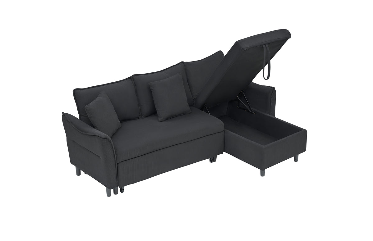 This 80-inch black corduroy L-shaped sofa comes with two small throw pillows that can be converted into a sofa bed for storage W1278S00028-djyc