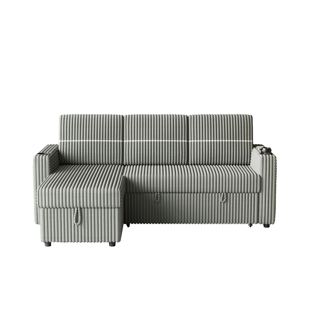 85 Inches Corduroy Sofa Bed, 3 Seater Sleeper Sofa with Storage Chaise, Square Handrail With Two Cup-holder And USB Charge Port, Pull Out Couch for Living Room W834S00269-djyc