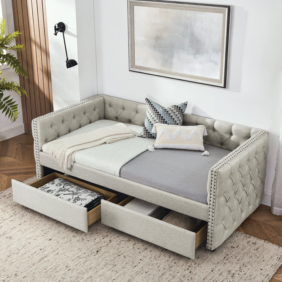 Upholstered Twin Size Daybed with Two Drawers, with Button and Copper Nail on Square Arms, Beige (82.75''x43''x30.75'') W487S00217-djyc