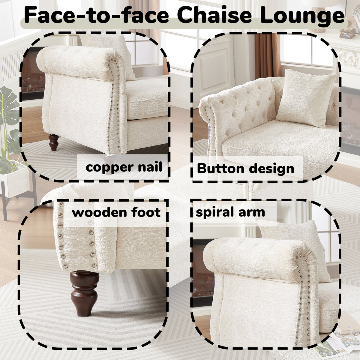 81-inch Chenille Face-to-face Chaise Lounge with Two Pillows,Nailhead trim,Button Tufted Design and Rolled Arms for Lounge, Living room and Office W834S00315-djyc
