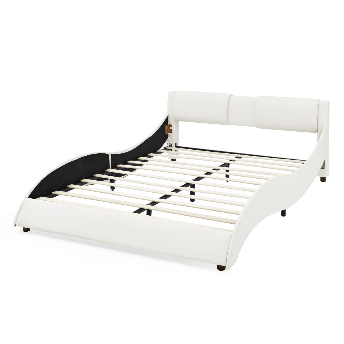 Queen Bed Frame Modern Faux Leather Upholstered Platform Bed Frame with and Headboard Wave Like Curve Low Profile Bed Frame,Wood Slats Support,Easy Assembly,White W487P169714-djyc