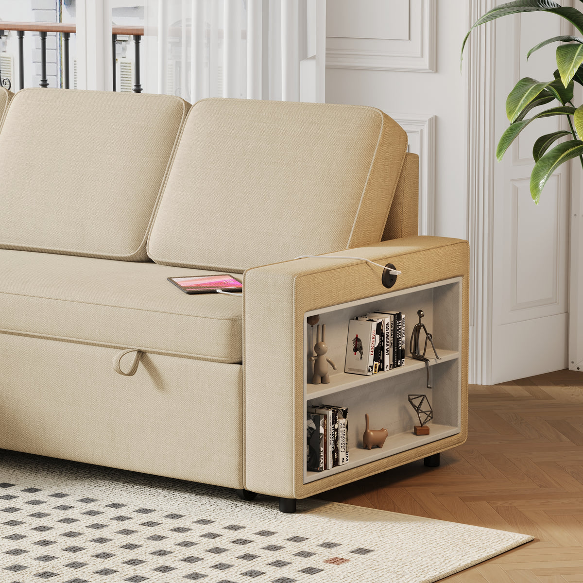 85.8" Pull Out Sleeper Sofa L-Shaped Couch Convertible Sofa Bed with Storage Chaise And Storage Racks,With USB Port And T-pyce Port W834S00266-djyc