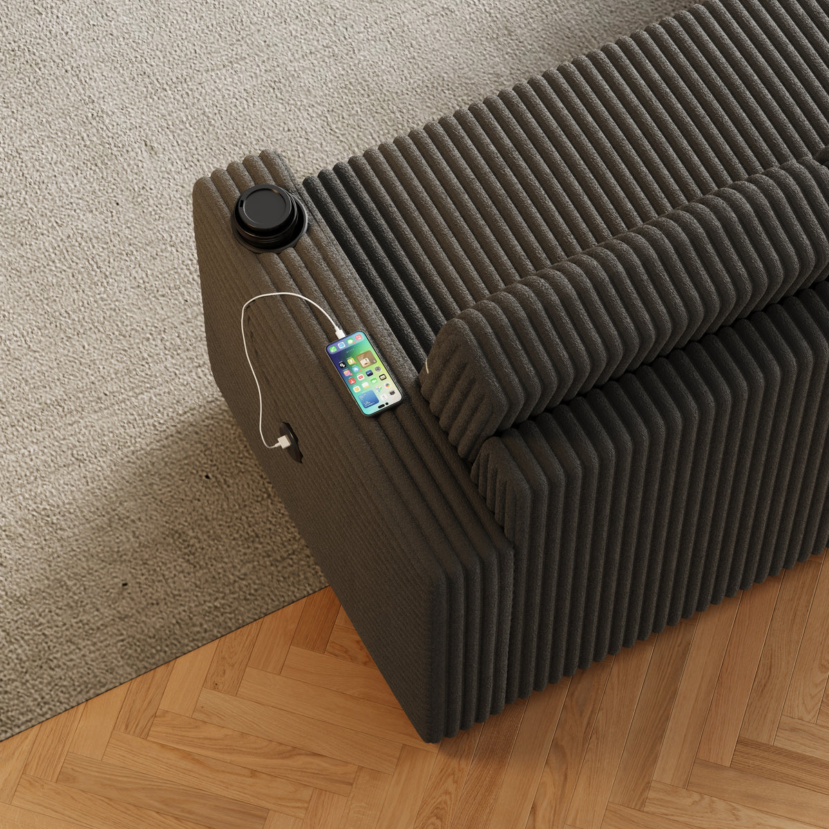 85 Inches Corduroy Sofa Bed, 3 Seater Sleeper Sofa with Storage Chaise, Square Handrail With Two Cup-holder And USB Charge Port, Pull Out Couch for Living Room W834S00270-djyc