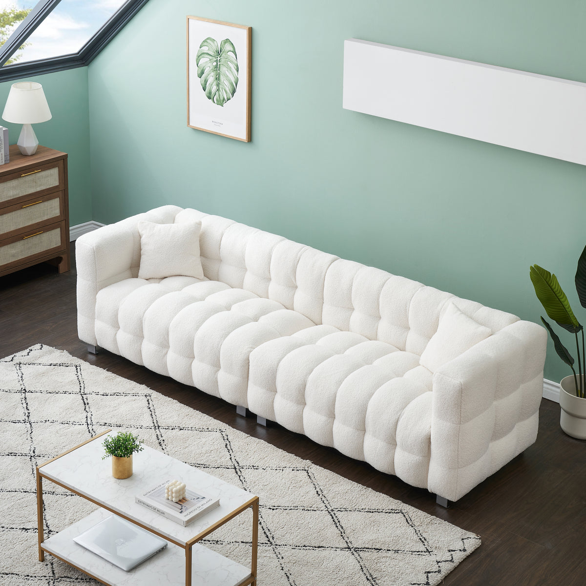 Spacious 102-Inch Beige Teddy Fleece Sofa for Living Room, Bedroom, or Apartment - Comes with Two Comfy Throw Pillows & Supported by Sturdy Hardware Feet W1278S00021-djyc