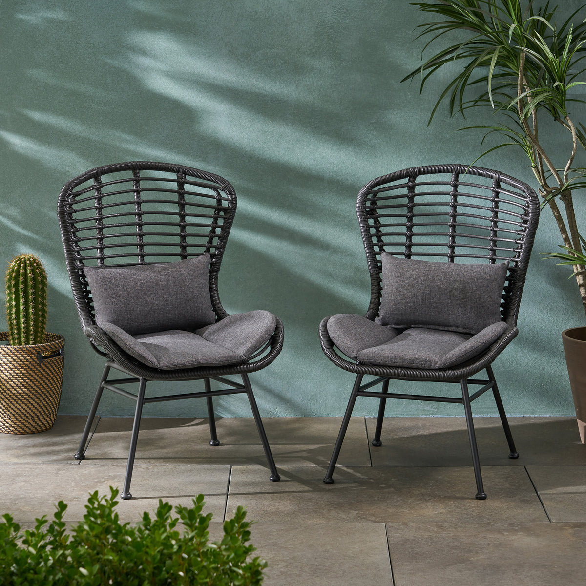 Modern Rattan Chairs – Water-Resistant Cushions, Iron Frame, Set of 2 65489.00GRY-djyc