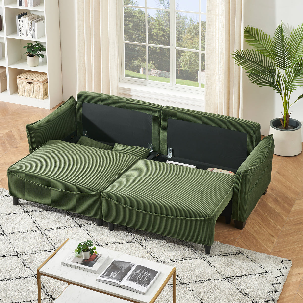 Sofa Showcasing Green Corduroy Fabric, Transformable into Sofa Bed with Two Throw Pillows: Ideal for Living Rooms & Diverse Scenes W1278S00038-djyc