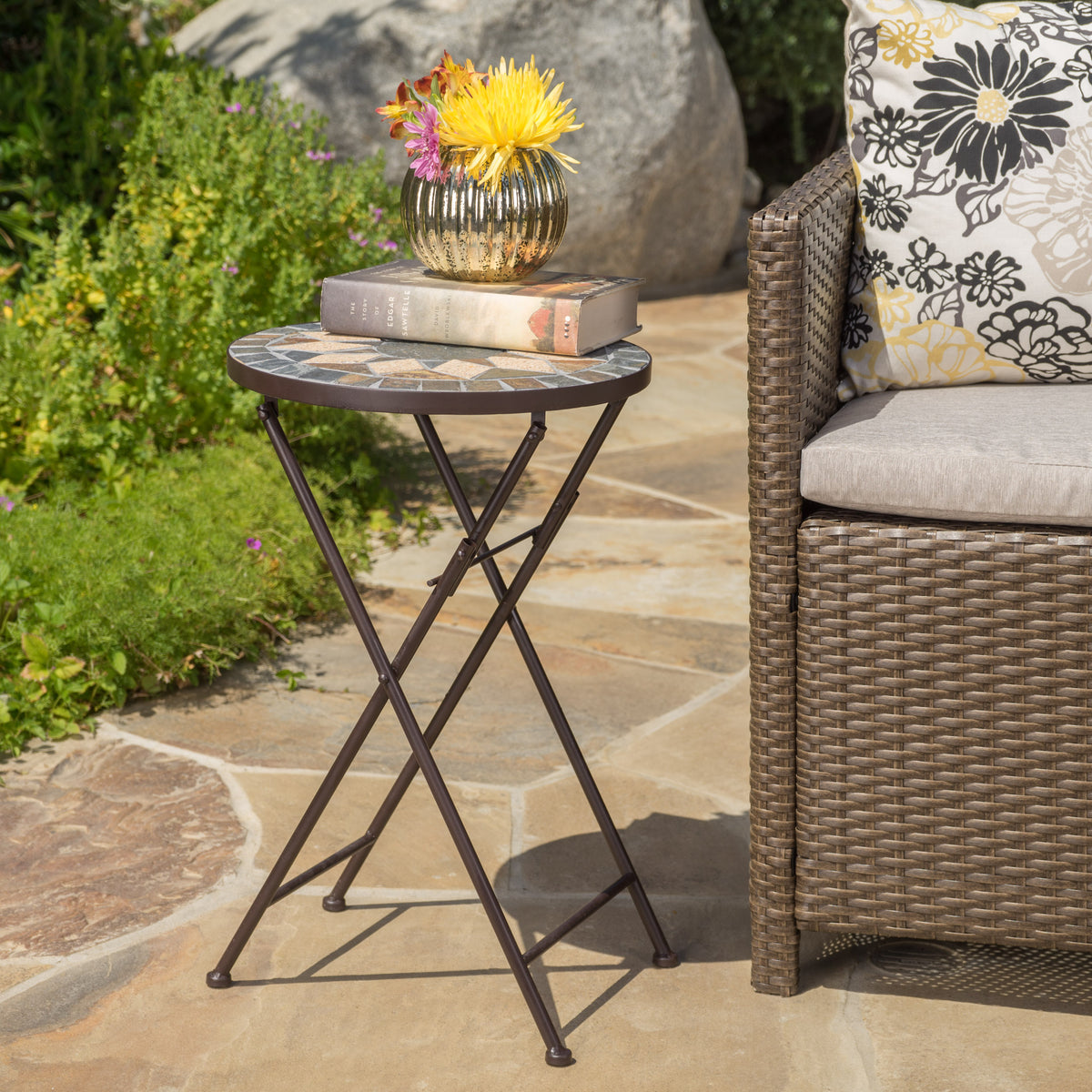 Transitional Folding Accent Table – Stone Mosaic Sunburst Design, Compact and Stylish for Indoor/Outdoor Use 61298-djyc