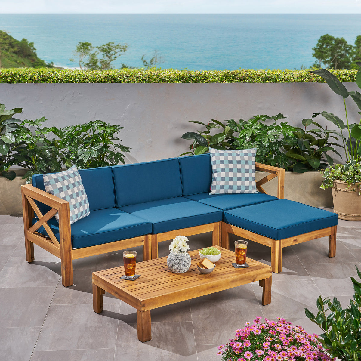 Outdoor Acacia Wood Sectional Sofa Set – Water-Resistant Cushions, Coffee Table & Ottoman, Large Seating for Three 63714.00DT-djyc