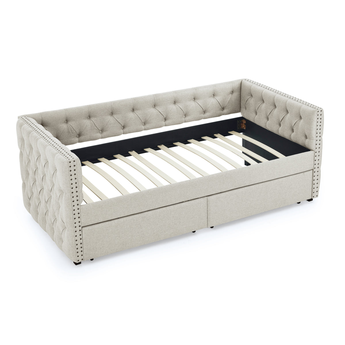 Upholstered Twin Size Daybed with Two Drawers, with Button and Copper Nail on Square Arms, Beige (82.75''x43''x30.75'') W487S00217-djyc