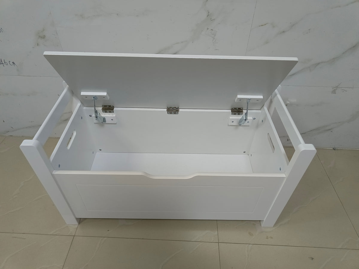 Kids Toy Box Chest, White Rubber Wood Toy Box for Boys Girls, Large Storage Cabinet with Cushion Seat Bench/Flip-Top Lid/Safety Hinge, Toy Storage Organizer Trunk for Nursery, Playroom W808P166755-djyc