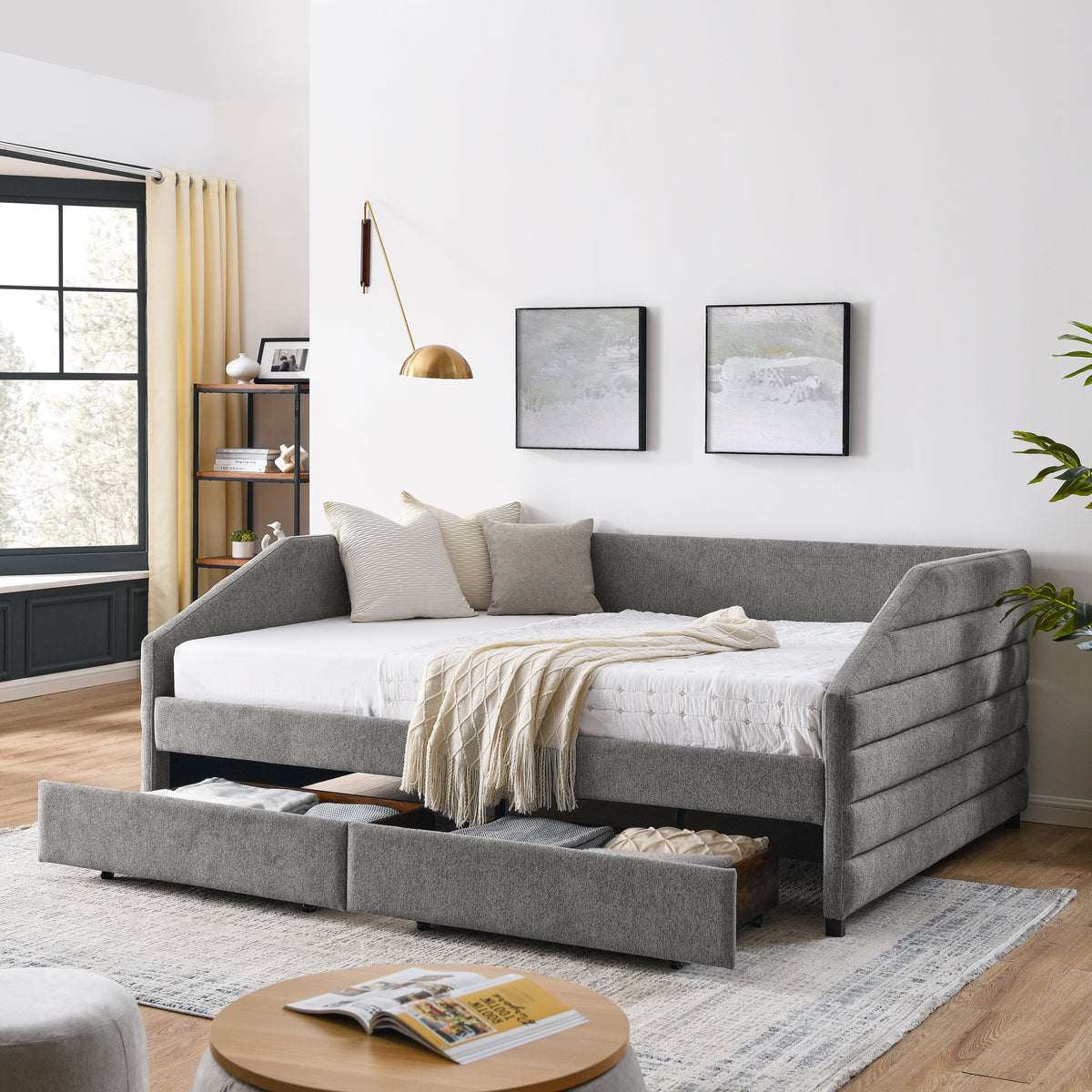 Queen Size Daybed with Two Drawers Trundle Upholstered Tufted Sofa Bed, Linen Fabric, Grey (88'x64.5'x34') W487S00167-djyc