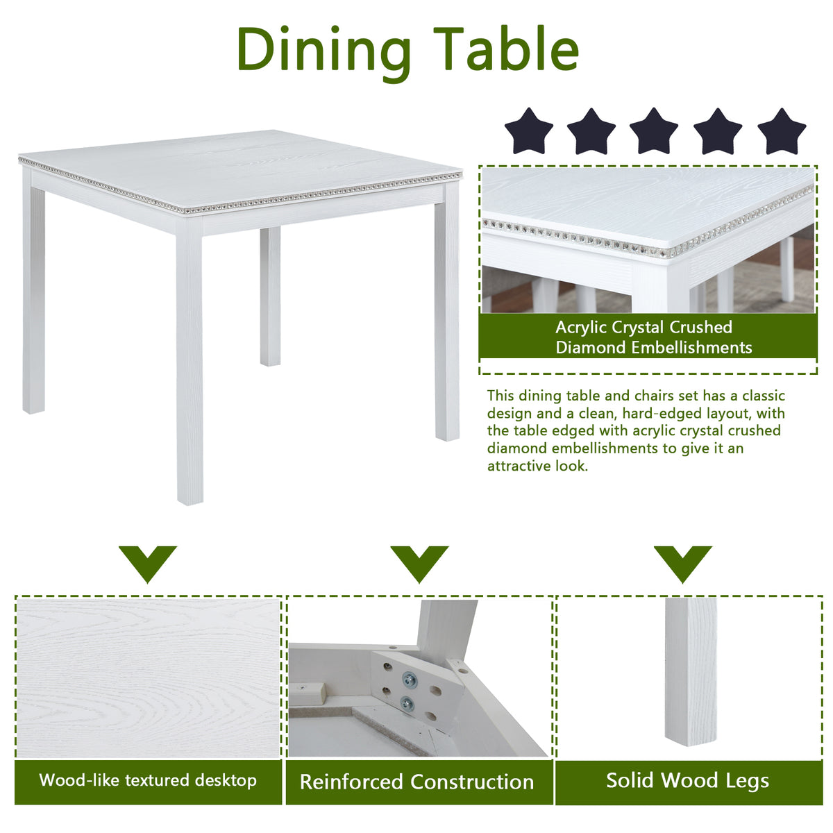 5 Piece Wooden Dining Table Set, Kitchen Table Set with a Square Table and 4 Upholstered Chairs, Wooden Dining Room Table with Crystal Decoration and Chairs Set for Kitchen, Dining Room, White W1998S00043-djyc