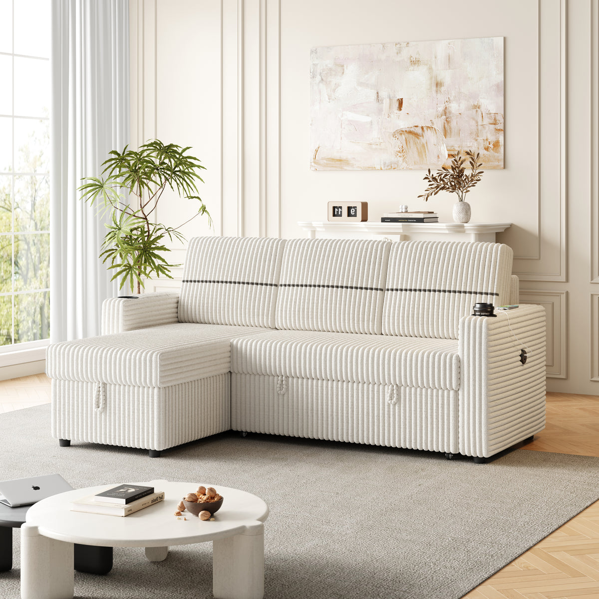 85 Inches Corduroy Sofa Bed, 3 Seater Sleeper Sofa with Storage Chaise, Square Handrail With Two Cup-holder And USB Charge Port, Pull Out Couch for Living Room W834S00272-djyc