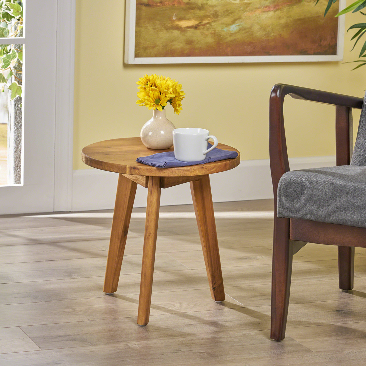Playful Mod-Inspired Acacia Wood End Table – Trendy Round Top with Jutting Legs 63163-djyc