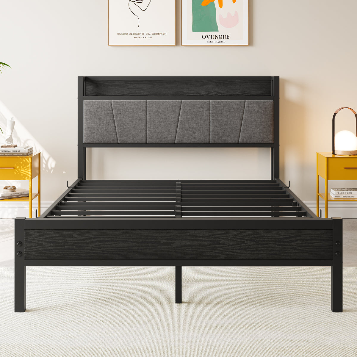 Full Size Bed Frame, Storage Headboard with Charging Station, Solid and Stable, Noise Free, No Box Spring Needed, Easy Assembly W840P179122-djyc