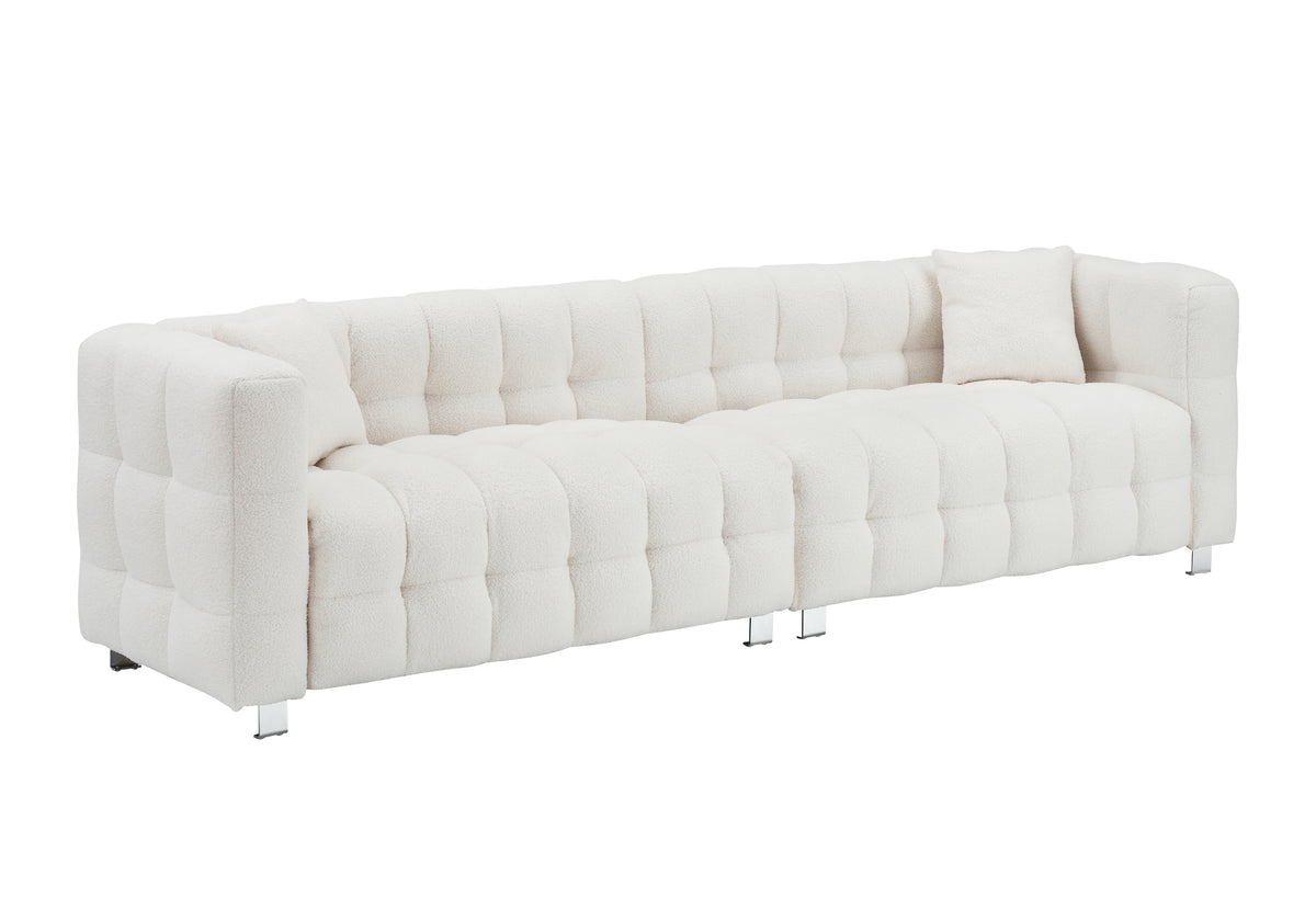 Spacious 102-Inch Beige Teddy Fleece Sofa for Living Room, Bedroom, or Apartment - Comes with Two Comfy Throw Pillows & Supported by Sturdy Hardware Feet W1278S00021-djyc