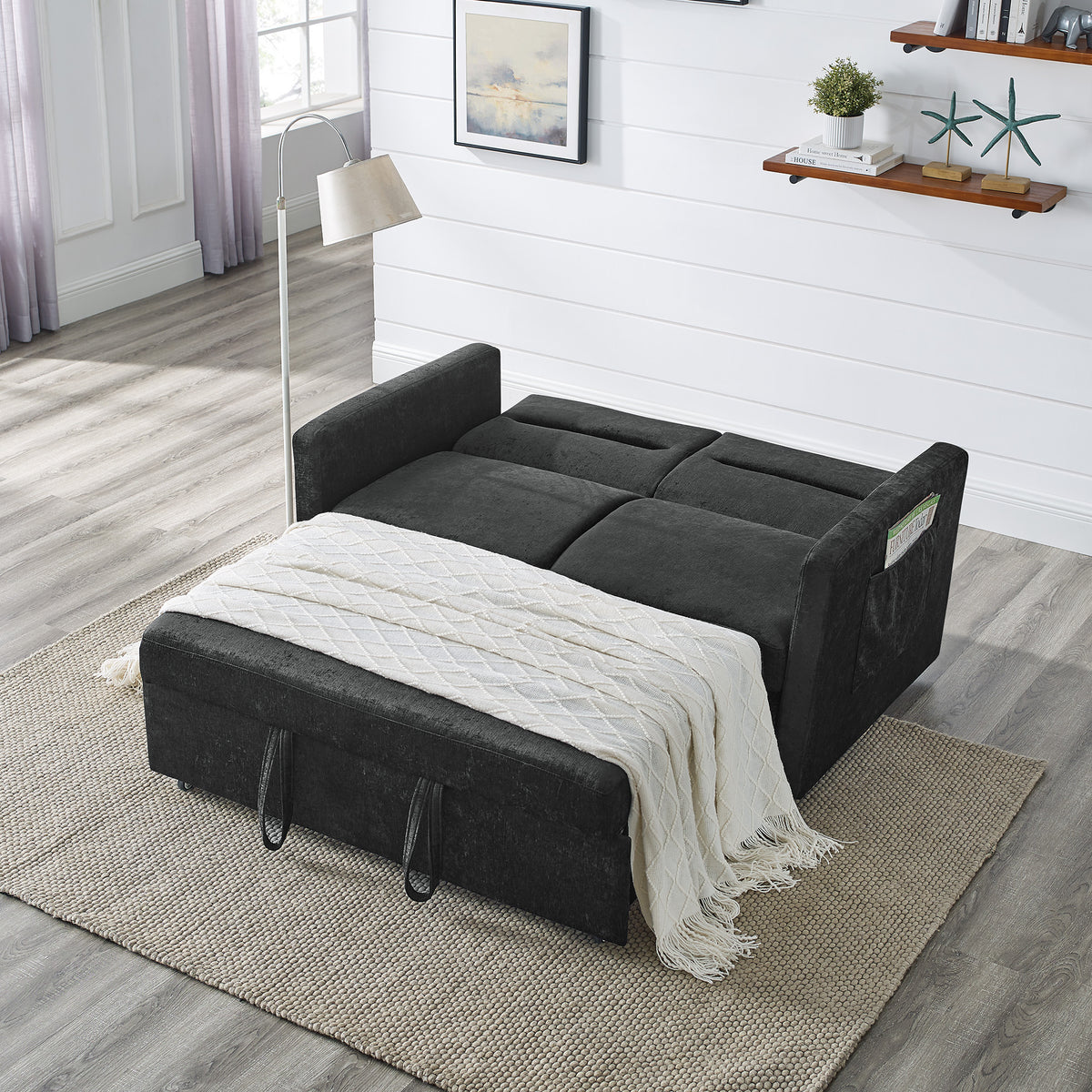Loveseats Sofa Bed with Pull-out Bed,Adjsutable Back and Two Arm Pocket,Black (54.5"x33"x31.5") W48766865-djyc