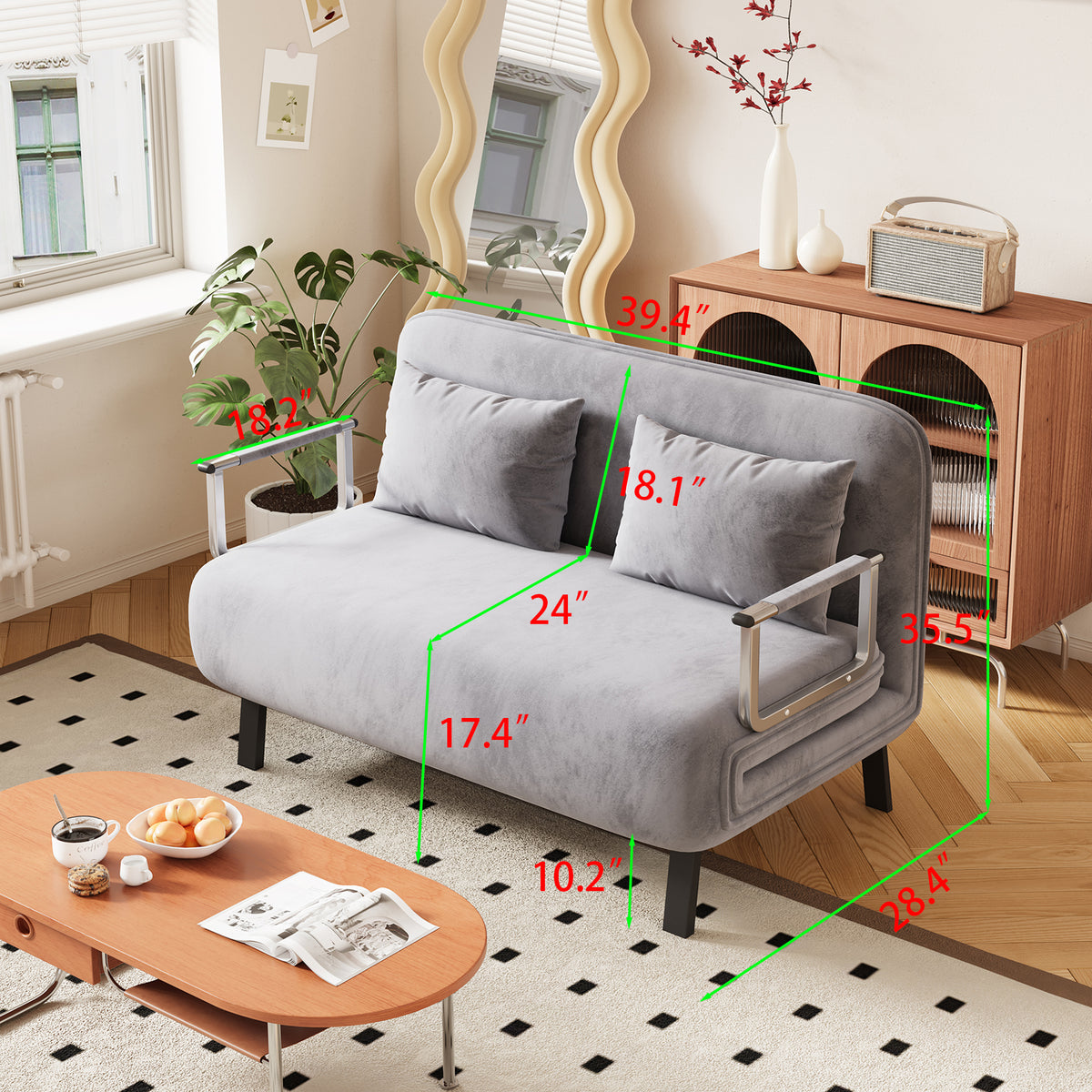 39″ Convertible Chair Bed, Tri-Fold Sofa Bed with Adjustable Backrest & Pillow, Leisure Chaise Lounge Couch with Sturdy Steel Frame for Home & Office, Comfortable Sleeper Chair Light grey Dutch velvet W1767P192812-djyc