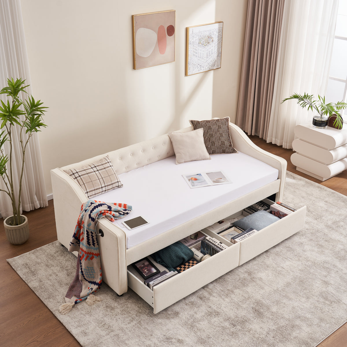 Twin Size Upholstered Daybed with Storage Drawers, Solid Wood Sofábed Bed Frame with Velvet Fabric & Wood Slat Support for Bedroom, Living Room, Office,Beige W1361S00025-djyc