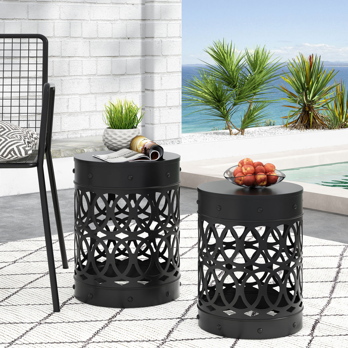 Modern Cylindrical Side Table Set with Elegant Iron-Cut Design 73606.00BLK-djyc