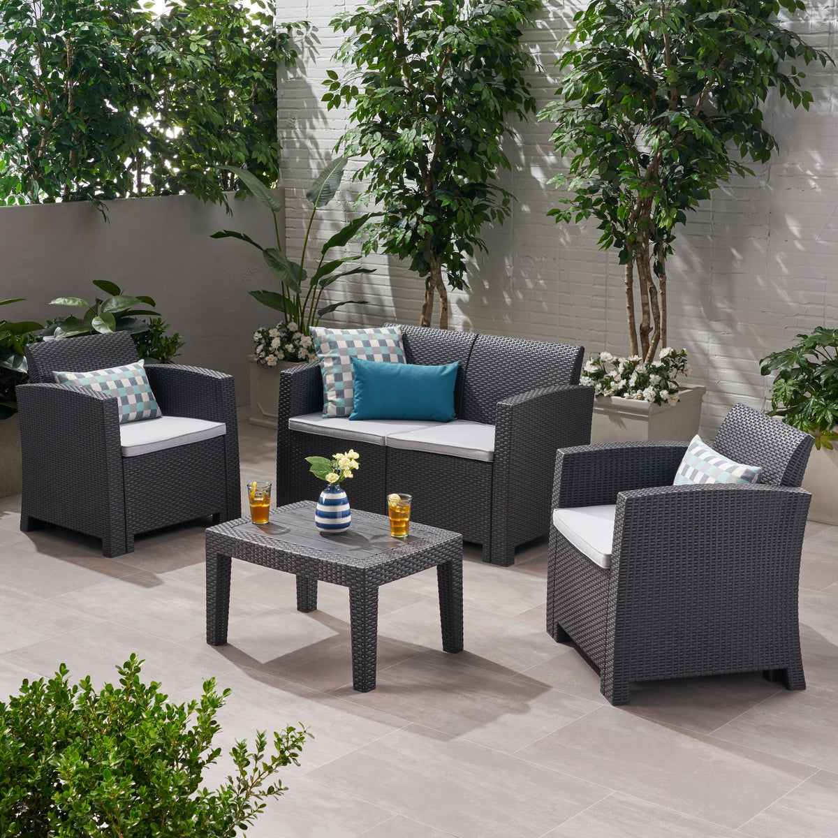 Outdoor Faux Wicker Rattan Style Chat Set with Water Resistant Cushions, 4-Pcs Set, Charcoal / Light Grey 61310-djyc