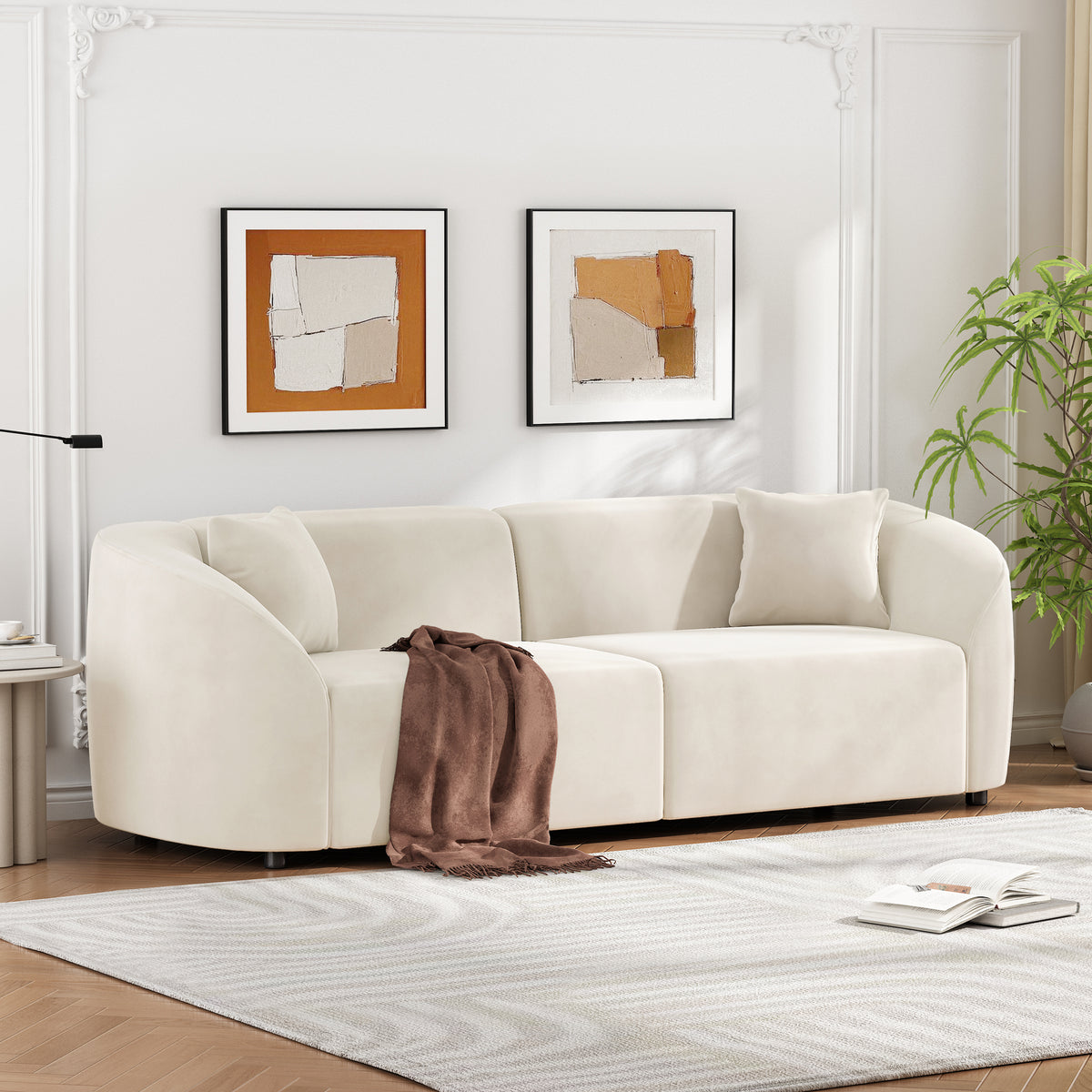 87' Curved Contemporary Sofa in Off-White: Plush Seating, Streamlined Design, and Durable Frame – Ideal for Stylish Living Spaces-N767P422840B