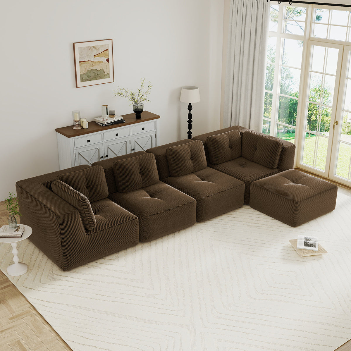 Modern Modular Sectional Sofa for Living Room, Corduroy Fabric, 4-Seater Couch with Deep Seat and Movable Ottoman,Pearl-like piping, Tufted Design,No Assembly, Anti-slip Design,Brown-W714S01811