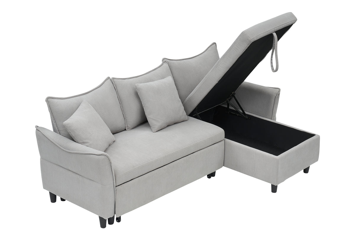 This 80-inch gray corduroy L-shaped sofa comes with two small throw pillows that can be converted into a sofa bed for storage W1278S00027-djyc