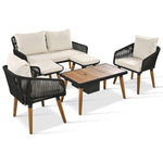 K&K 6-Piece Rope Patio Furniture Set, Outdoor Furniture with Acacia Wood Cool Bar Table with Ice Bucket , Deep Seat Patio Conversation Set with Two Stools for Backyard Porch Balcony (Black & Beige) SK000005AAA-djyc