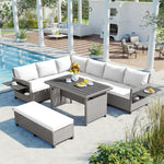 TOMAX 5-Piece Outdoor Patio Rattan Sofa Set, Sectional PE Wicker L-Shaped Garden Furniture Set with 2 Extendable Side Tables, Dining Table and Washable Covers for Backyard, Poolside, Indoor, White SP100006AAK-djyc