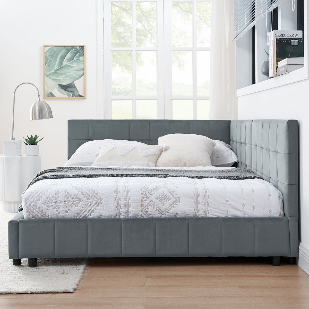 Full Size Upholstered Tufted Bed Frame, Sofa Bed Frame with Comfortable Backrest and Armrests, Full Size Bed for Bedroom, Living Room,Velvet, Grey(80.5''*59''*30.5'') W487S00224-djyc