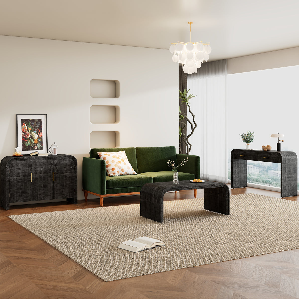 TREXM Unique Retro Silhouette Three-Piece Set Containing Sideboard, Console Table and Coffee Table, Suitable for Dining Room, Living Room and Entrance (Antique Black) XW000016AAB-djyc