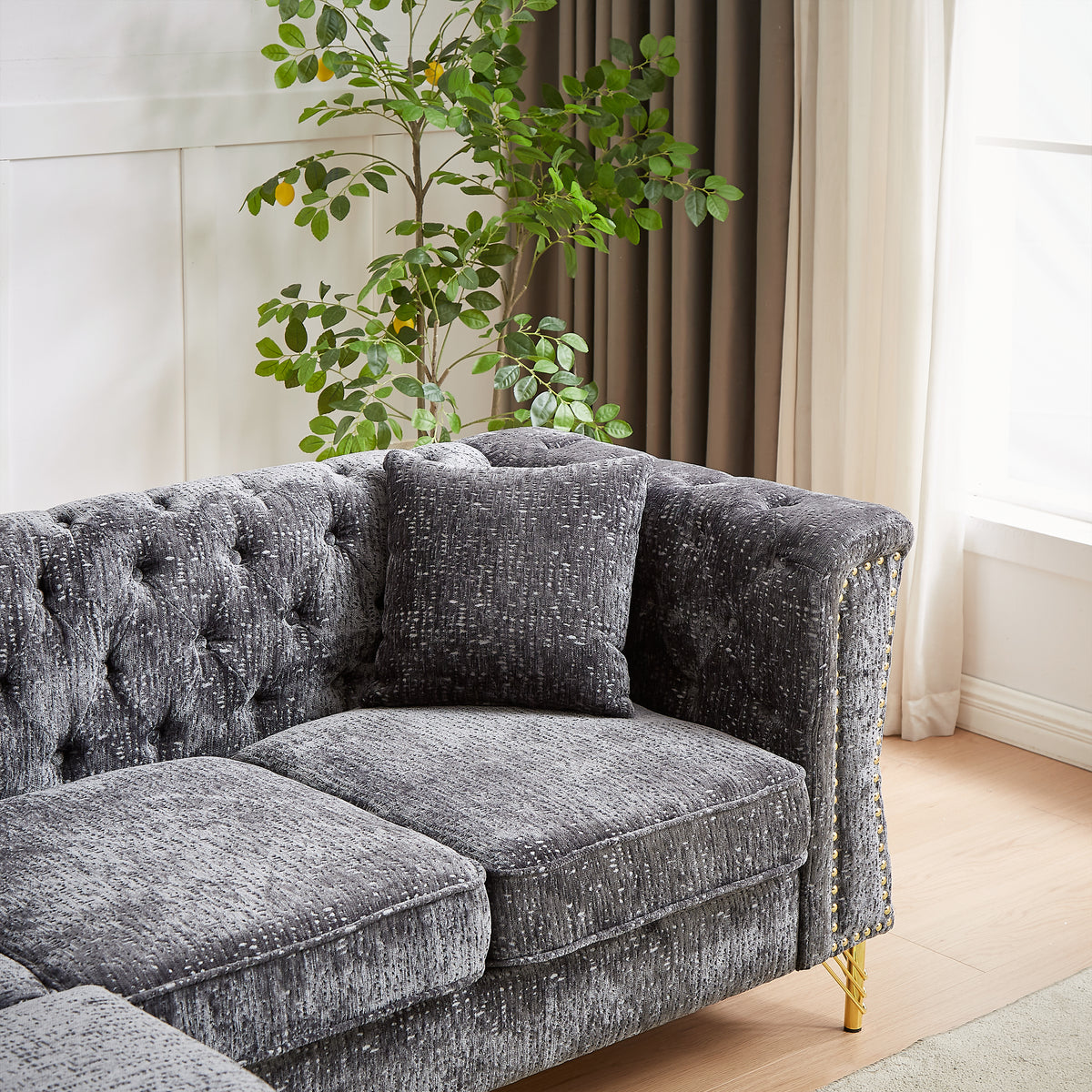 81.5-Inch Chenille Corner Sofa , L-Shaped Sectional Couch, 5-Seater Corner Sofas with 3 Cushions for Living Room, Bedroom, Apartment, Office W834S00262-djyc