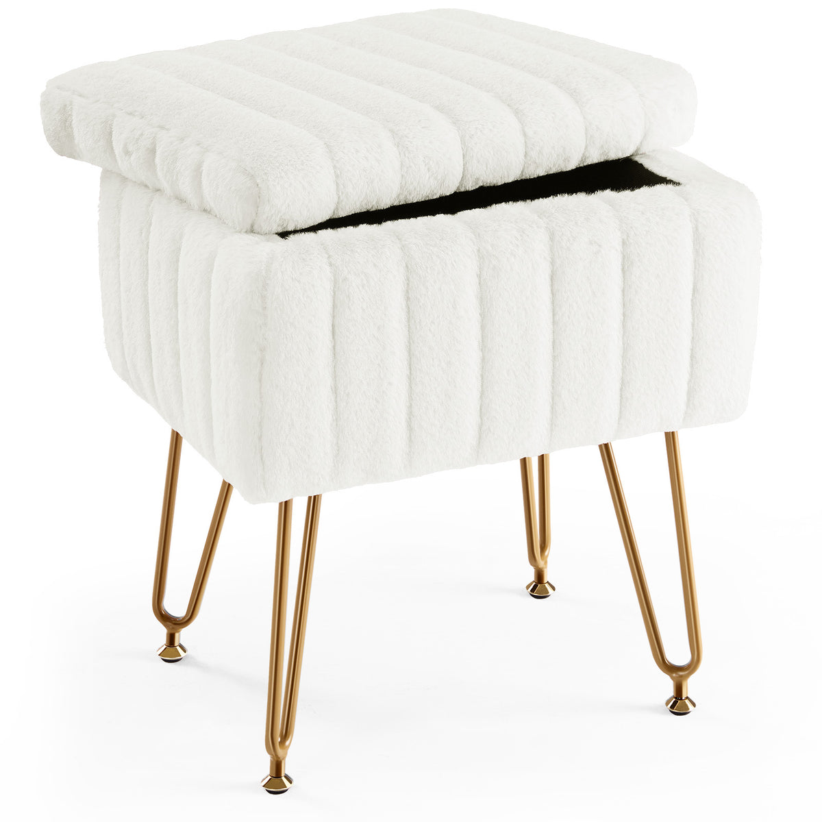 White Faux Fur Vanity Stool with Storage – Padded Makeup Seat, Metal Legs, Adjustable Feet W2201P214242-djyc