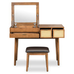 43.3" Classic Wood Makeup Vanity Set with Flip-top Mirror and Stool, Dressing Table with Three Drawers and storage space, Brown N704P165645-djyc