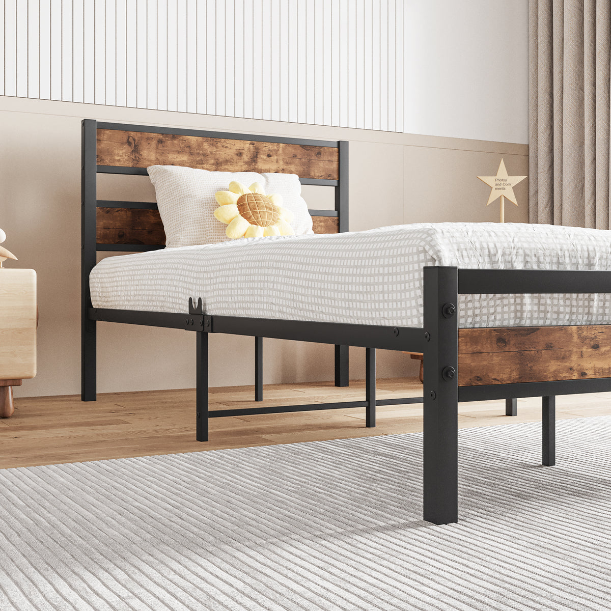 Twin Size Platform Bed Frame with Rustic Vintage Wood Headboard, Strong Metal Slats Support, No Box Spring Needed W840P144081-djyc